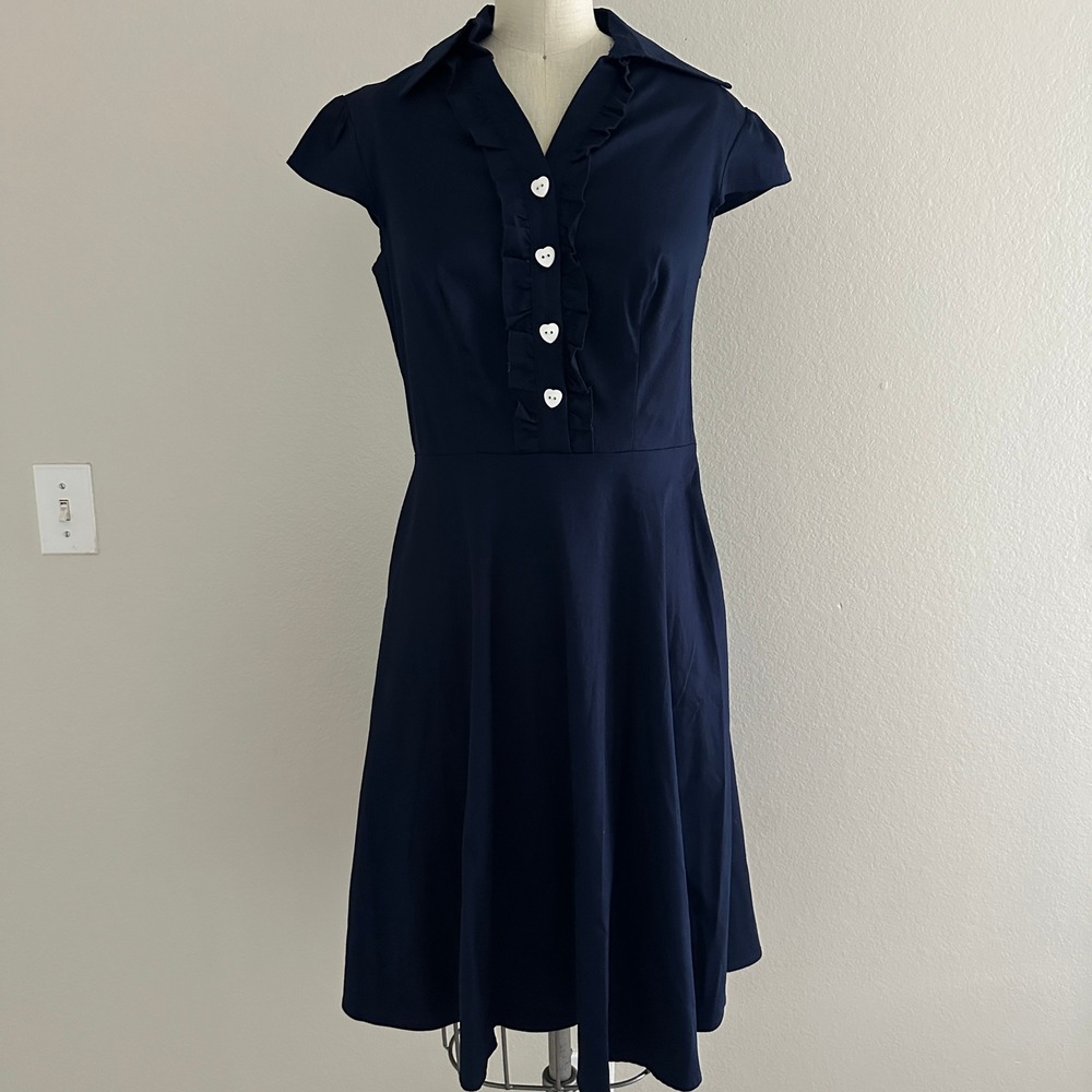 Zapaka A-Line Dress Small Navy Blue Heart Button Ruffle Retro Rockabilly Pin Up